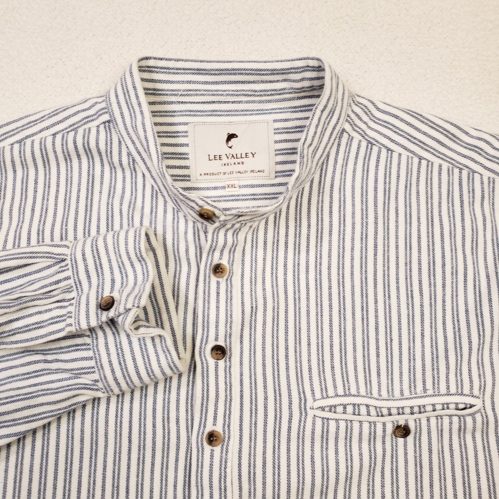 Lee Valley Grandfather Shirt Mens XXL White Blue Striped Cotton Ireland Made